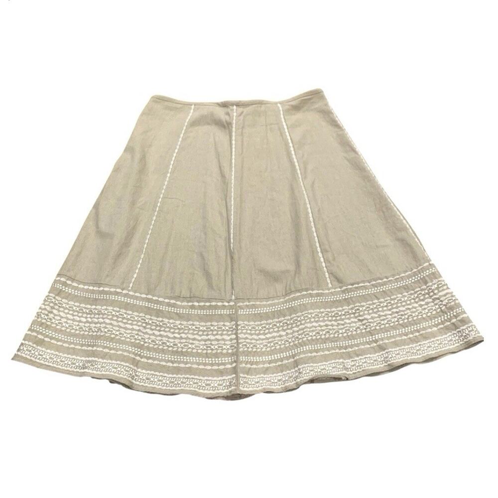 B Moss Womens Sz 10 Tailor Beige Linen Blend Embroidered Midi Skirt
